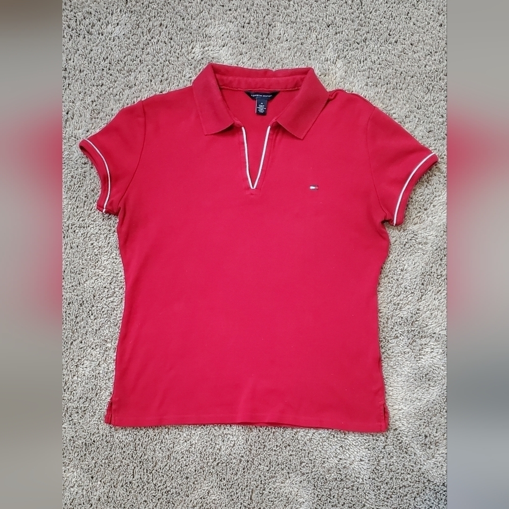 💚5/$25 Tommy Hilfiger Red Fitted Stretch Knit Polo Shirt Size Medium Classic